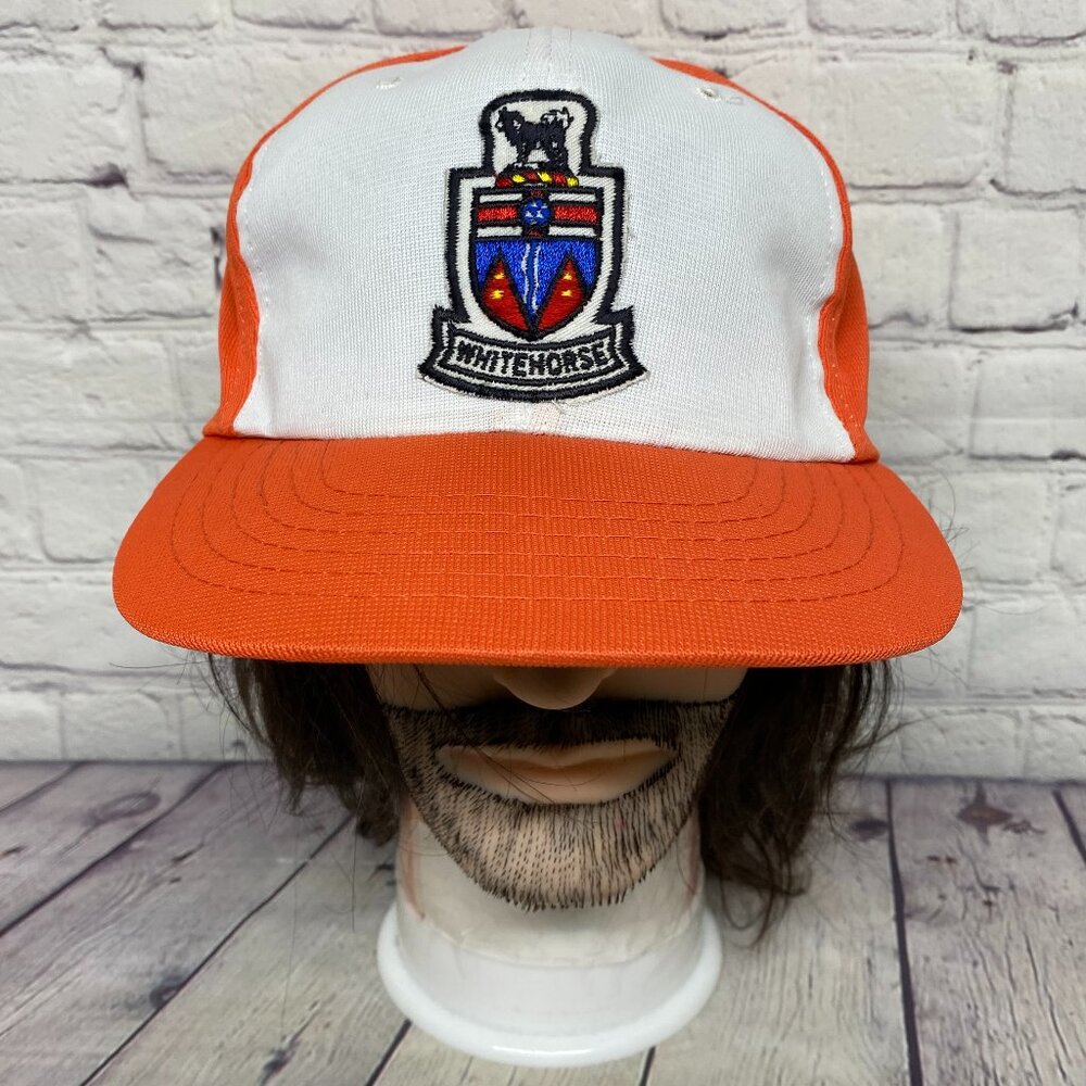 Vintage Trucker Hat Cap Snapback Orange White Whitehorse Embroidered Logo Patch